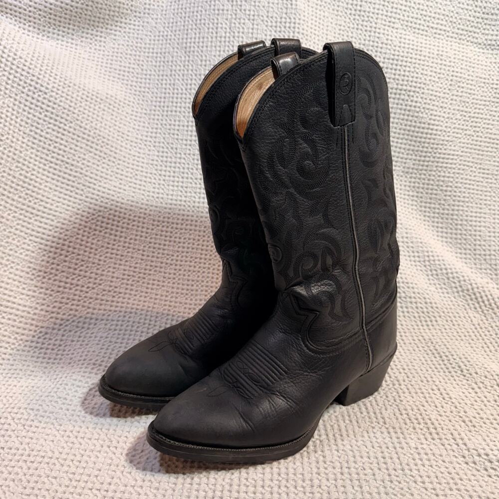 Tony Lama Black Leather Stitched Detail Almond Toe Cowboy Boots Size 8.5 EE
